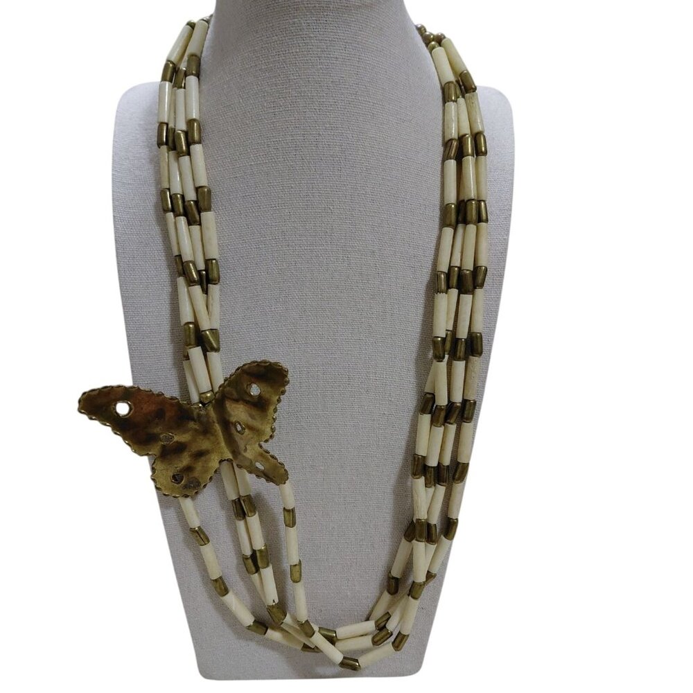 Vintage Multi-Strand White & Brass Beaded Brass Butterfly Pendant Necklace 24"
